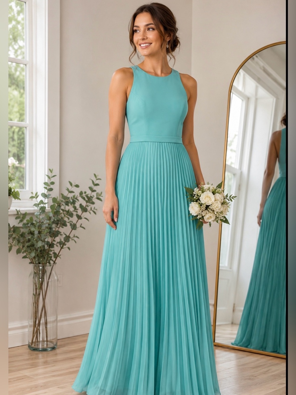 Azazie Aqua Chiffon Pleated Maxi Dress A4 Sleeveless Bridesmaid Formal Gown NWT